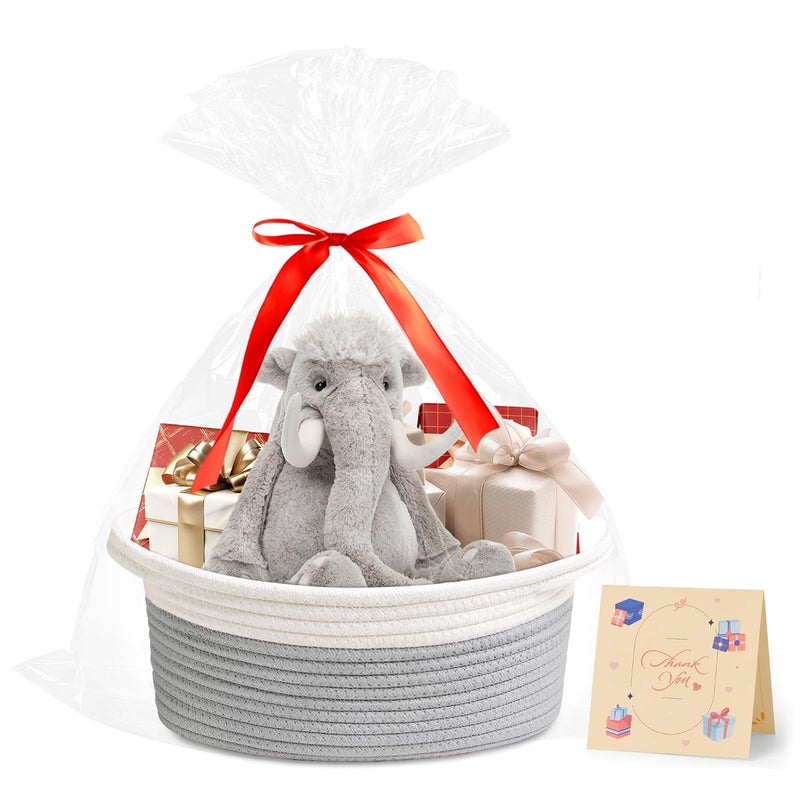 Yeeeasy Small Woven Basket with Gift Bags and Ribbons Cute Baskets for Gifts Empty 12"x8"x5" Small Rope Toy Basket for Babies Baskets for Storage, White & Grey - Image 1